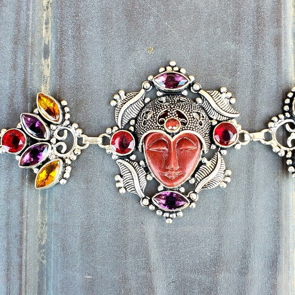 New Carved Goddess Face Multi Gemstone 925 Bracelet. - Picture 12 of 16
